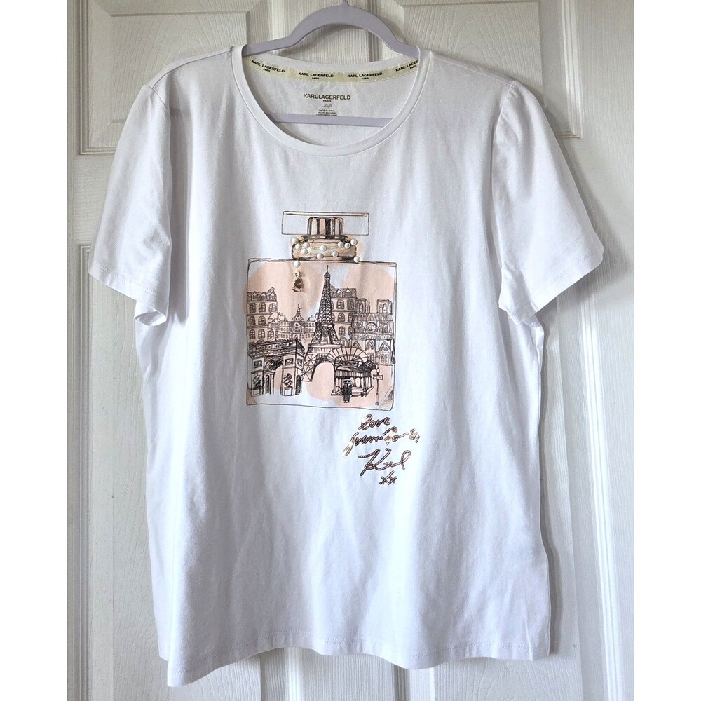 KARL LAGERFELD White Paris Perfume Bottle Sequin Graphic T-shirt Women's Large